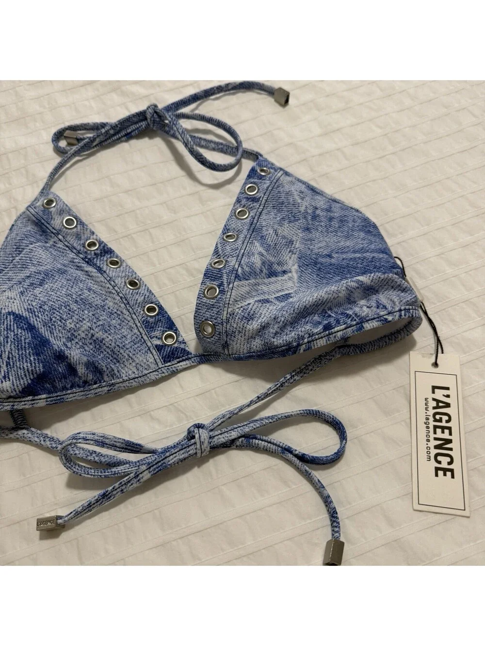 L'AGENCE Annabelle Denim Print Triangle Bikini Top Blue Swim M Medium NWT $185